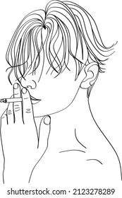 Vector drawing of a smoking man. A man with long hair exhales smoke and holds a cigarette. One continuous line drawing of a smoker.