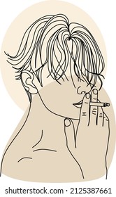 Vector drawing of a smoking man. A man with long hair exhales smoke and holds a cigarette. One continuous line drawing of a smoker.