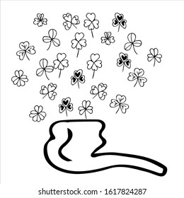Vector drawing of a Smoking pipe. Instead of smoke, Shamrock leaves rise from the tube. St. Patrick's Day. Isolated on a white background.