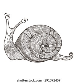 Vector drawing of a snail in a variety of fun patterns. Monochrome. Doodle. Zentangle