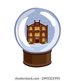 Vector drawing snow globe with Christmas house, hand drawn illustration