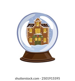 Vector drawing snow globe with Christmas house, hand drawn illustration