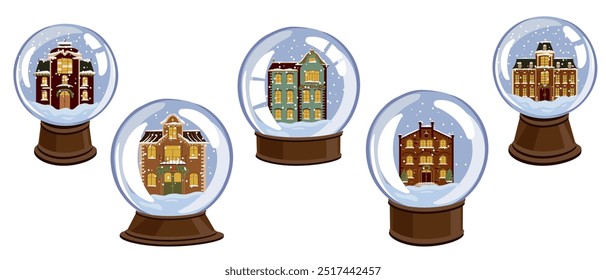 Vector drawing snow globes with Christmas house, hand drawn illustration