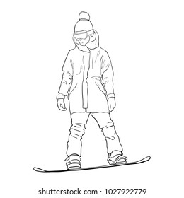 vector drawing snowboarder, linear sketch, hand drawn illustration