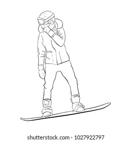 vector drawing snowboarder, linear sketch, hand drawn illustration