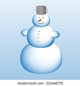 Vector drawing of a snowman with buttons made of coal, carrot nose and a pot on his head