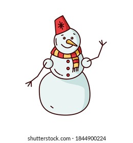 Vector drawing of a snowman. Clip art. Sticker. Suitable for printing on paper, fabric.