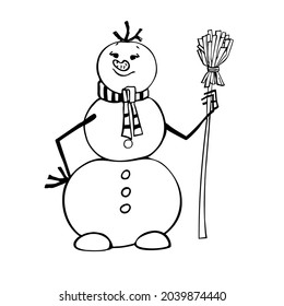 Vector drawing of a snowman. Creates a festive, cheerful mood. Can be used for coloring, as a print for baby clothes, a sticker for a holiday decoration, an invitation to a party.