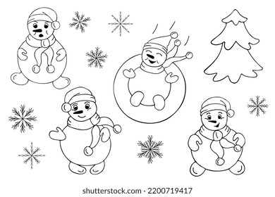 Dibujo vectorial de hombres de nieve con estilo de garabato sobre un fondo blanco.