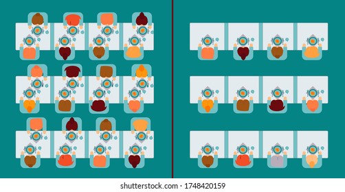 Vector drawing of social distance at a table in a public place on a blue background. People are sitting at tables through partitions. Safety, health