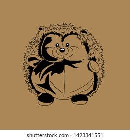 Vector drawing of a soft toy hedgehog with black lines on a brown background. Eco design