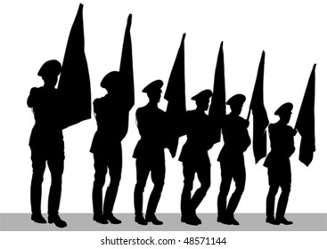 Vector drawing of a soldier on parade. Silhouettes on white background
