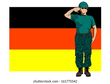 Dibujo vectorial de un soldado con uniforme y bandera. La liberación de propiedades está adjunta al archivo