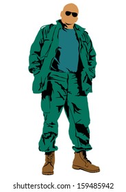 Dibujo vectorial de un soldado en uniforme con arma