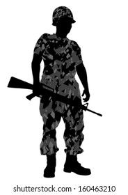 Vektorzeichnung eines Soldaten in Uniform mit Waffen