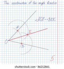 vector drawing the solution of the bisectors of the angles in the construction, the division of the angle in half, on a piece of tetrad school notebook in a cage with an estimate of five