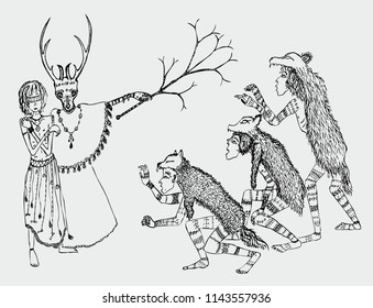 Vector drawing of the sorcerer, victim and werewolves