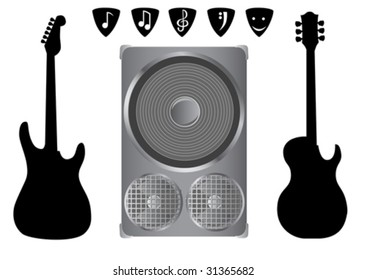 vector drawing sound equipment and electric guitar on a white background