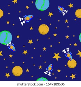 Vector drawing of a space rocket taking off from the earth to the moon through bright stars, seamless background, pattern, flat, color, bright, children’s, blue background style