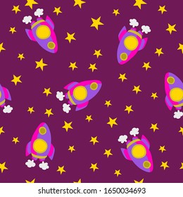 Vector drawing of a space rocket taking off from the earth to the moon through bright stars, seamless background, pattern, flat, color, bright, children’s, pink background style