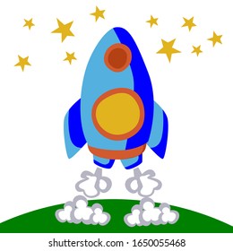Vector drawing of a space rocket taking off from the earth to the moon through bright stars. Style is flat, color, bright, children’s, white isolated background.
