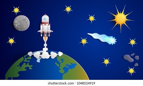 Vector drawing of a spacecraft launched from planet Earth on the background of blue sky with the Moon, Sun, comet and stars