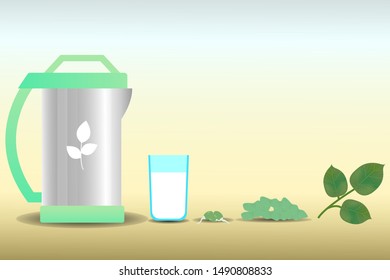 Vector drawing of a special kitchen appliance or gadget 'Soy Milk Maker' which makes soy milk. Next to the appliance is a glass of soy milk and soy leaves and beans.