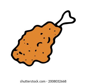 Vector Drawing Of A Spicy Chicken Leg In Breadcrumbs. Isolated Element In The Style Of A Hot Chicken Leg Doodle, Breaded On A Brown Bone On A White Background With Dots Of Spice Texture For A Design T