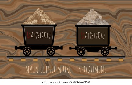 Vector drawing of SPODUMENE in wheelbarrows. Hand drawn illustration. LITHIUM ORE. Lithium-containing mineral.
