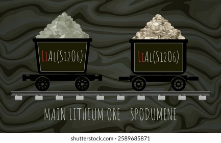 Vector drawing of SPODUMENE in wheelbarrows. Hand drawn illustration. LITHIUM ORE. Lithium-containing mineral.
