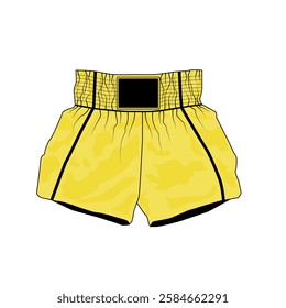 Vector drawing of sport shorts for mai tai boxing, yellow color. Sketch of short shorts on wide elastic waistband, unisex. Polyester athletic shorts template for running, gym, fitness.