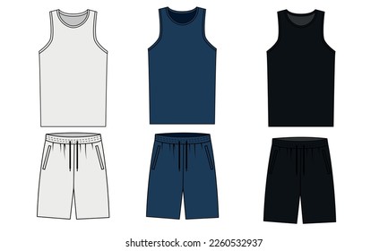 Vector drawing of a sports, basketball uniform in blue, white, black colors. Sleeveless tank top with round neck, vector illustration. Sports shorts with pockets, vector sketch. Shorts and T-shirt.