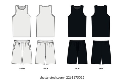 Vector drawing of a sports, basketball uniform in white, black colors. Sleeveless tank top with round neck, vector illustration. Sports shorts with pockets, vector sketch. Template shorts and tank top