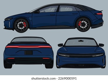 Vector drawing of a sports car. Sports cars set that includes 3 drawings of an EV. Electric vehicle. EPS File. Lucid Air Sapphire. Lucid Motors