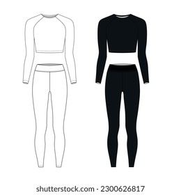 Vector drawing of a sports uniform for fitness and active lifestyle. Template short top with long sleeves and black leggings. Outline sketch of a women's jersey tracksuit.