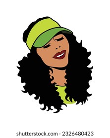 Vector drawing of a sporty girl. Face of an athletic girl. Woman with curly hair and sports hat.
