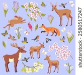 vector drawing spring butterflies, birds, animals and flowers,flowering tree branches, hand drawn illustration