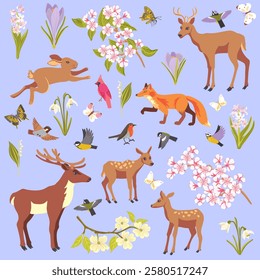 vector drawing spring butterflies, birds, animals and flowers,flowering tree branches, hand drawn illustration