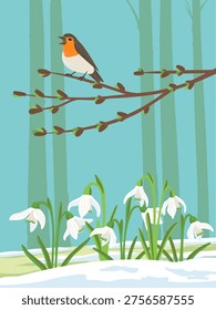 vector drawing spring landscape with bird,robin at spring green branch with bud with green leaves and snowdrop flowers, hand drawn wildlife illustration