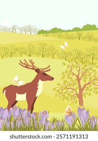 vector drawing spring landscape with butterflies, red deer, crocus flowers, sun and trees, hand drawn illustration