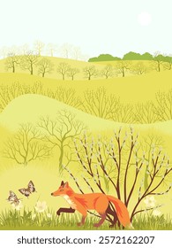 vector drawing spring landscape with butterflies, flowers, red fox, sun and trees, hand drawn illustration