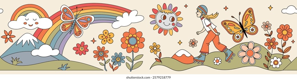 Vector drawing of spring landscape, flowering meadow, sun and rainbow, roller skate girl, multicolor cartoon, children's drawing, seamless border