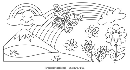 Vector drawing of spring landscape, flowering meadow, coloring book, children's drawing, isolated on a white background