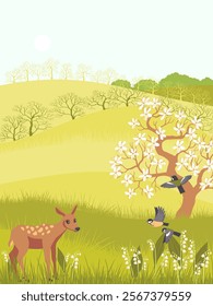 vector drawing spring landscape with great tit birds, deer, flowers, sun and trees, hand drawn illustration