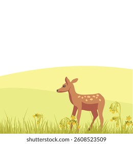 vector drawing spring landscape with green hills, deer, flowers and grass, hand drawn illustration