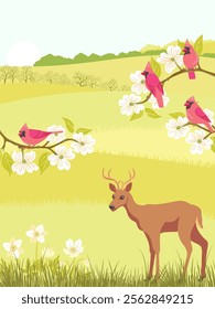 vector drawing spring landscape with nothern cardinal birds, deer, flowers, sun and trees, hand drawn illustration