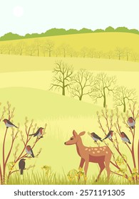 vector drawing spring landscape with robin birds,sika deer, flowers, sun and trees, hand drawn illustration