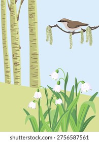 vector drawing spring landscape with wood nuthatch bird at spring aspen tree branch with catkins and snowflake flowers isolated at white background, hand drawn illustration