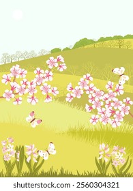 vector drawing spring landscapes with butterflies, hyacinth flowers, cherry blossoms, sun and trees, hand drawn illustration