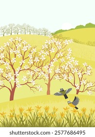 vector drawing spring landscapes with butterflies, flowers, tit birds, sun and trees, hand drawn illustration